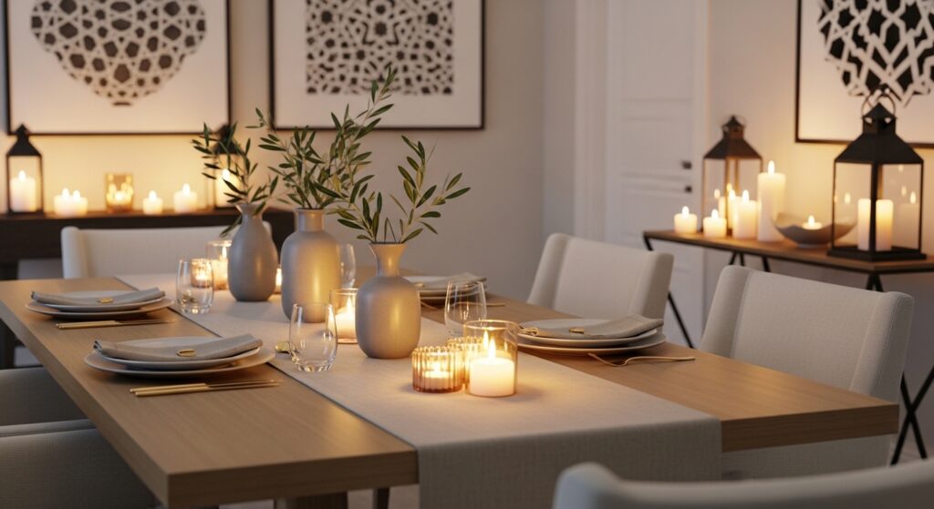 A serene, minimalist dining room set up for an Iftar dinner with a linen runner, olive branch centerpieces, and glowing candlelight.