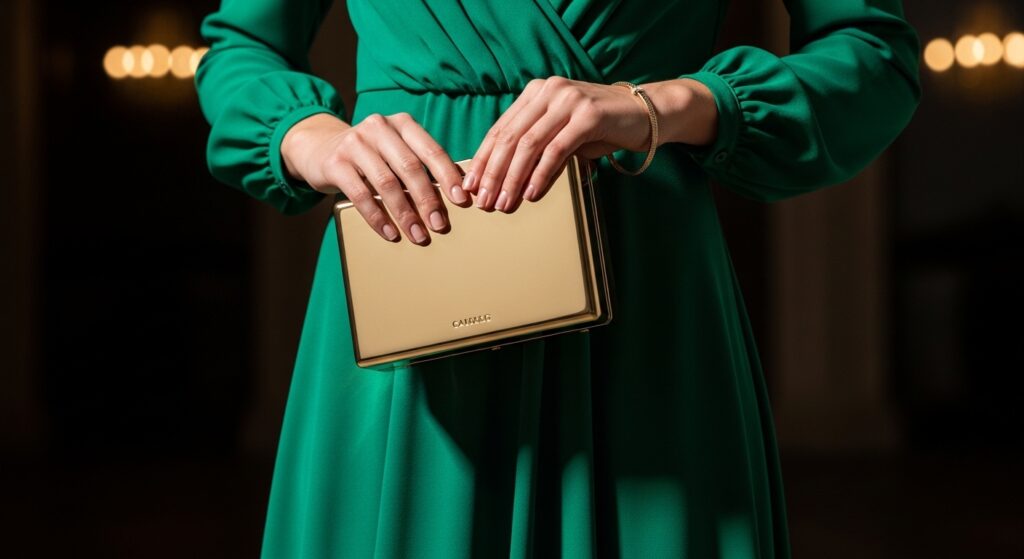 A sleek gold metallic hard-shell box clutch bag held by a model wearing an emerald green Eid dress.