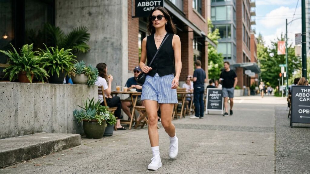 A sporty yet edgy summer outfit featuring striped boxer shorts paired with a tailored black waistcoat and white platform sneakers.