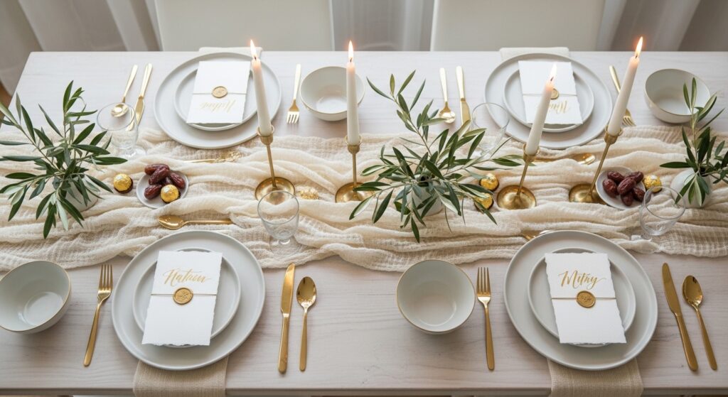 A top-down view of a minimalist Iftar table setting featuring handmade watercolor place cards with gold wax seals and brass candlesticks.