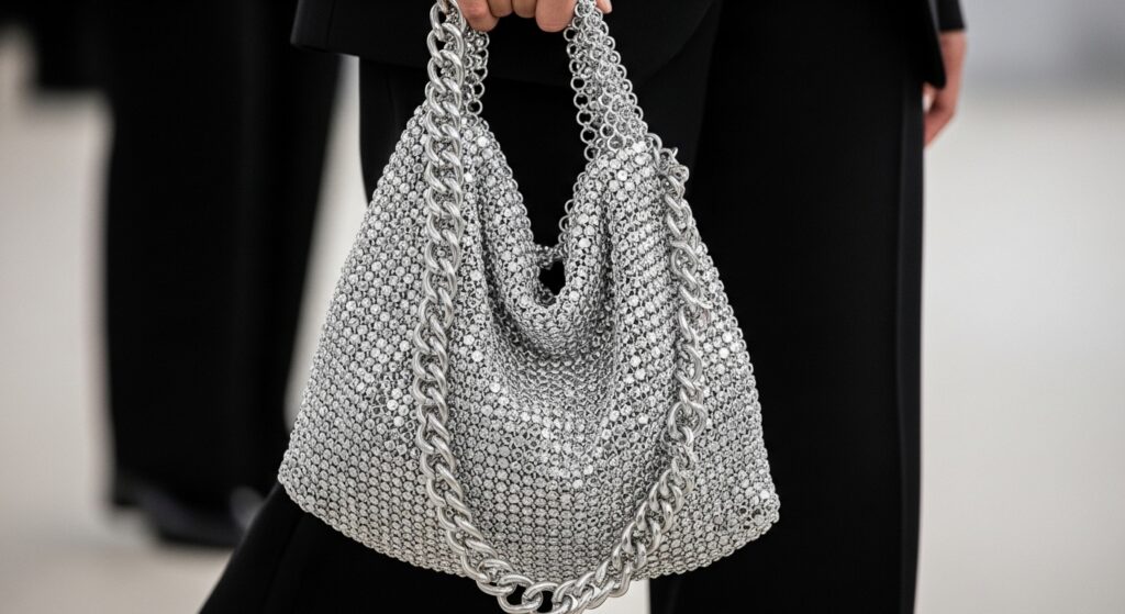 A trendy, slouchy silver chainmail grab bag being held casually against a blurred black outfit.