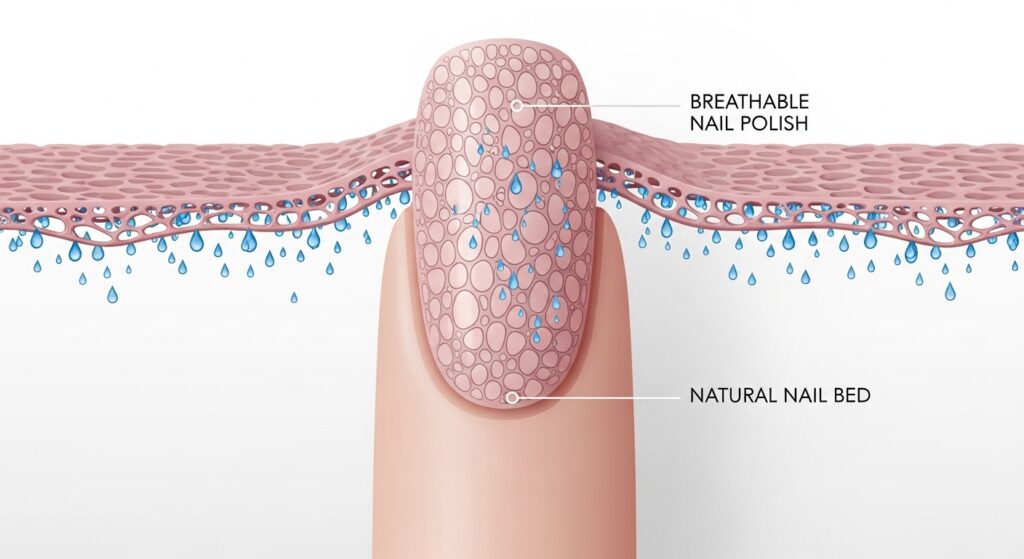 An infographic showing how water molecules pass through the micro-pores of breathable, wudu-friendly nail polish.
