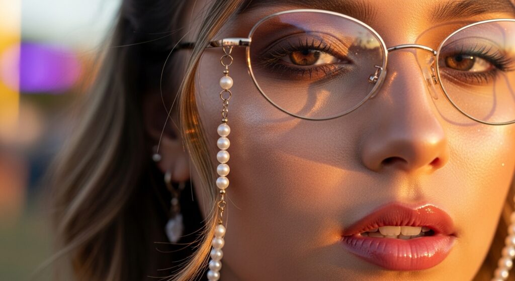 Beauty macro shot focusing on matte makeup, gold-wire Bayonetta glasses, and a pearl eyewear chain.