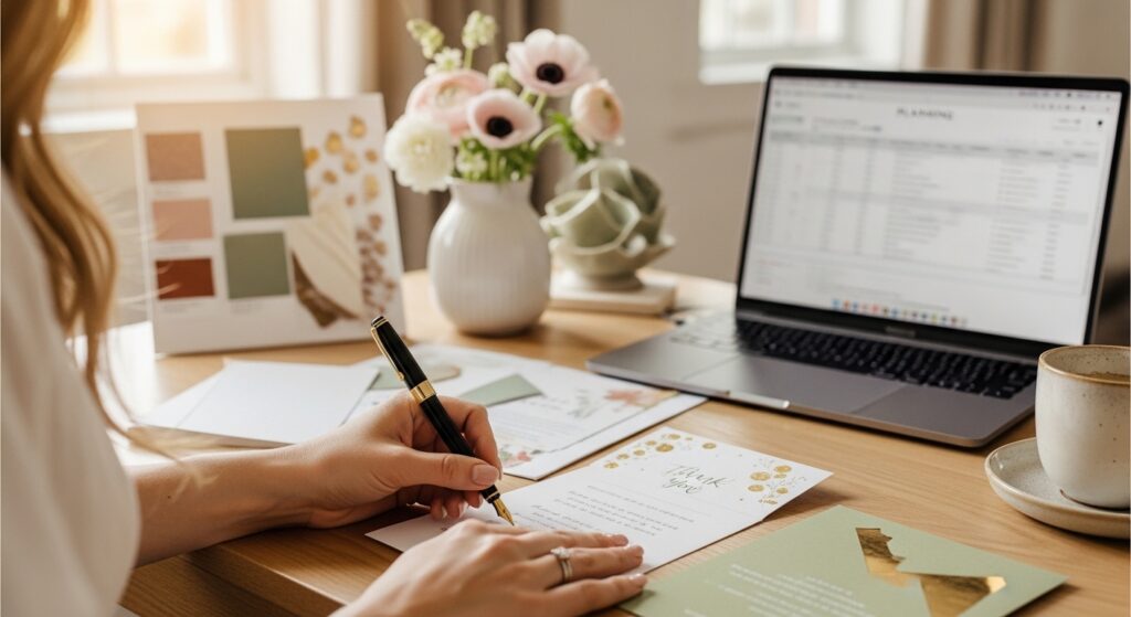Bride-to-be writing handwritten thank you notes and packaging small bridesmaid gifts with twine at a desk.