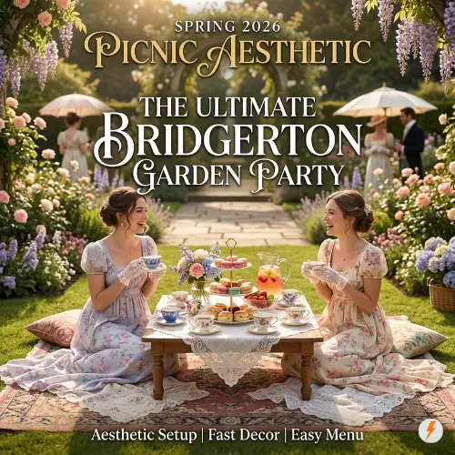 Two women in pastel Regencycore dresses enjoying an aesthetic Bridgerton-style garden picnic with tea and macarons. Text overlay reads "Spring 2026 Picnic Aesthetic: The Ultimate Bridgerton Garden Party. Aesthetic Setup, Fast Decor, Easy Menu."