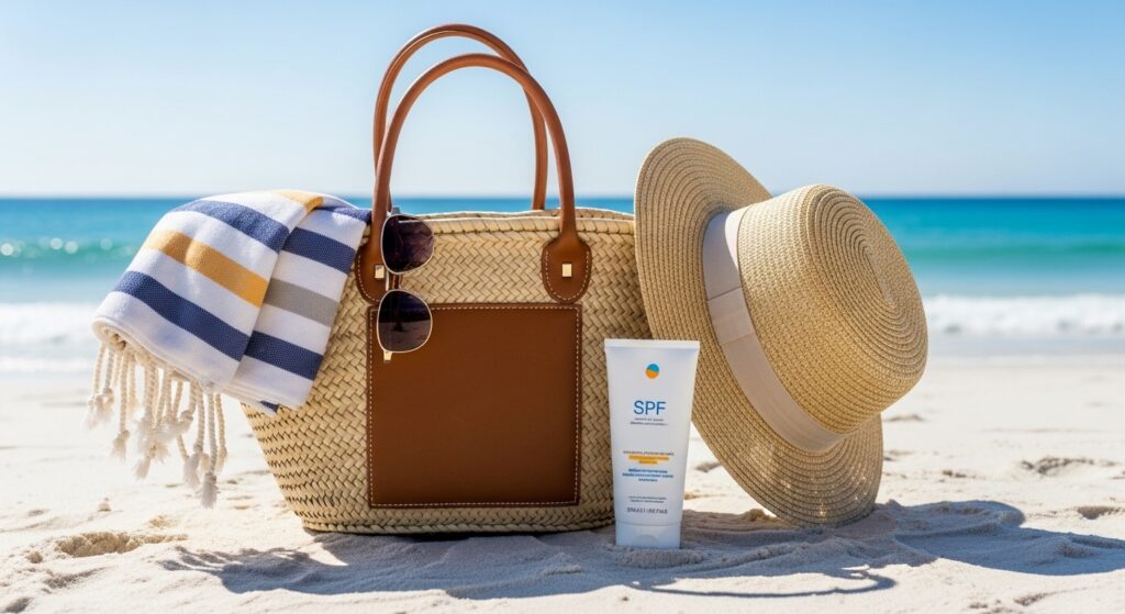 Classic leather-trimmed raffia basket bag sitting on a sandy beach next to a straw sun hat.