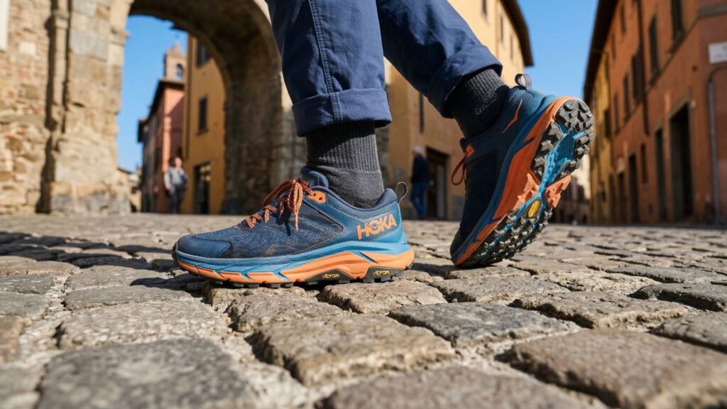 Close-up of Hoka Transport 2 walking shoes gripping uneven, historic European cobblestone streets.