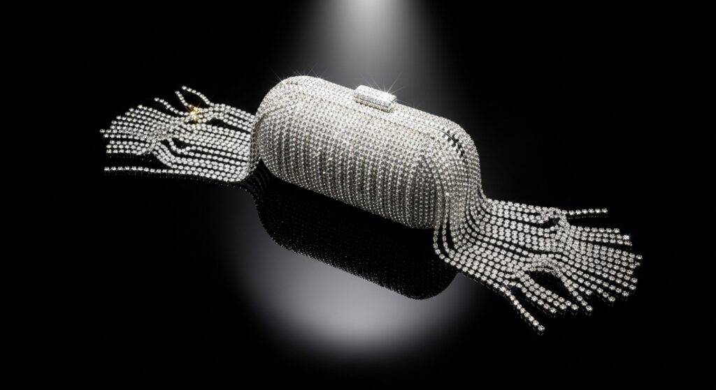 Close-up of a glamorous evening bag featuring long, sparkling crystal fringe detailing on a black reflective surface.