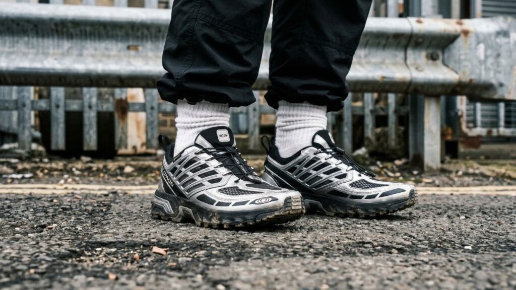 Close-up of comfortable, heavily treaded metallic silver and black chunky sneakers styled with white crew socks for festival survival.
