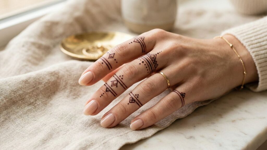 Close-up of fingers adorned with simple fine-line henna designs resembling stacked dainty rings.