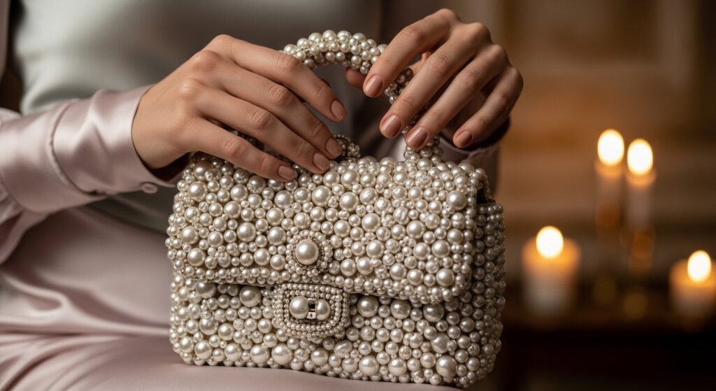 Close-up view of a woman holding a heavily encrusted pearl handbag with a pastel silk dress in the background.
