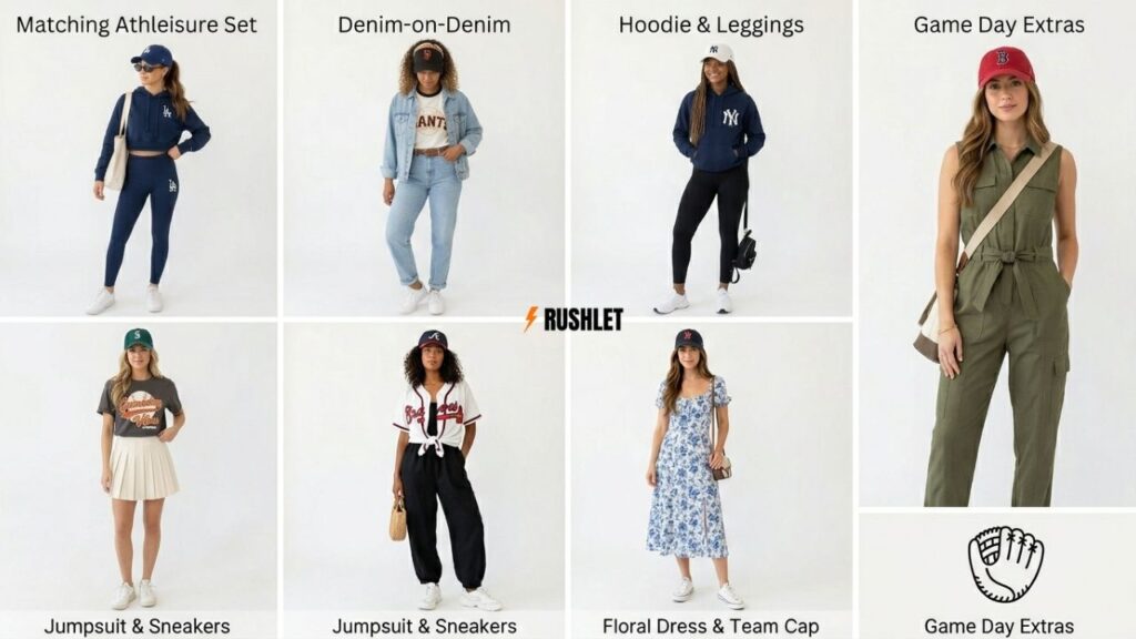 collage of six stylish baseball game day outfits for women including jerseys, athleisure sets, and casual looks