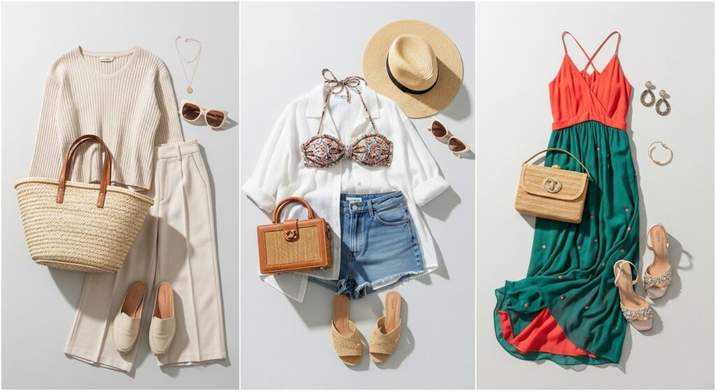 Collage of three vacation outfits styling woven and raffia bags for the airport, pool, and dinner.