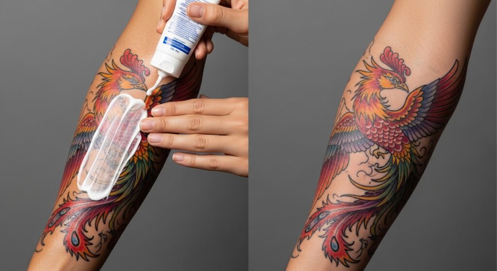 Comparison of protected vs sun-faded tattoo showing importance of sunscreen