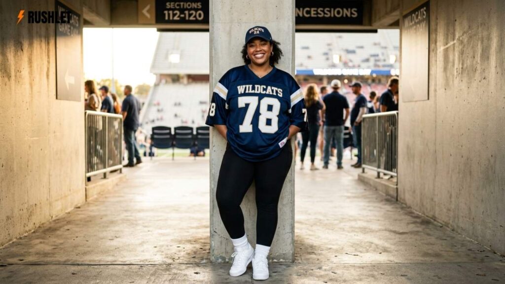 confident plus size woman wearing an oversized team jersey with black leggings and white sneakers at a baseball game