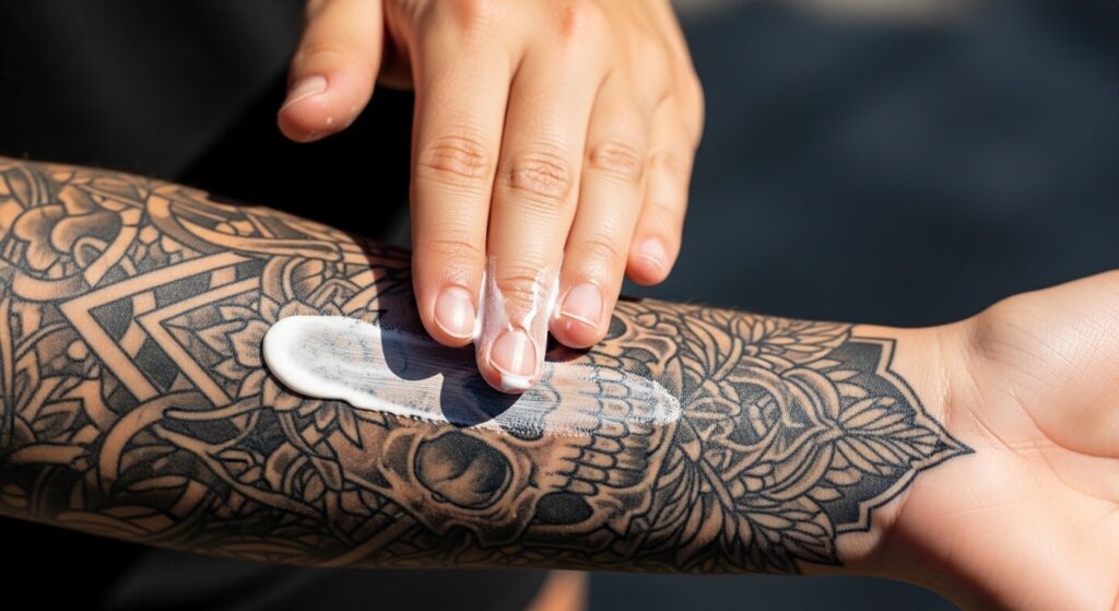Correct technique for applying sunscreen on a tattoo at the beach