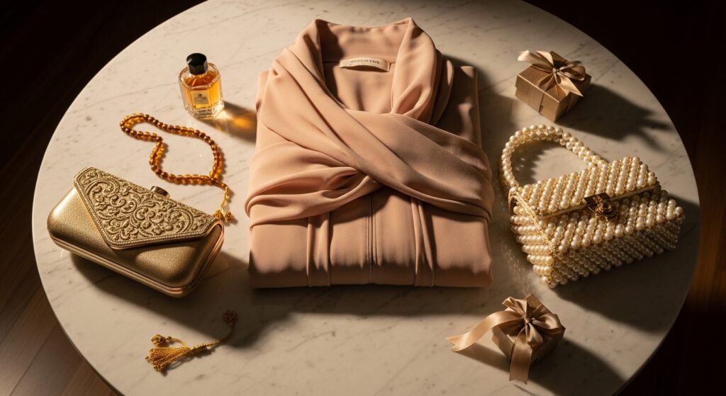 Editorial flat lay of an Eid outfit with a gold metallic clutch and a pearl handbag on a marble table.