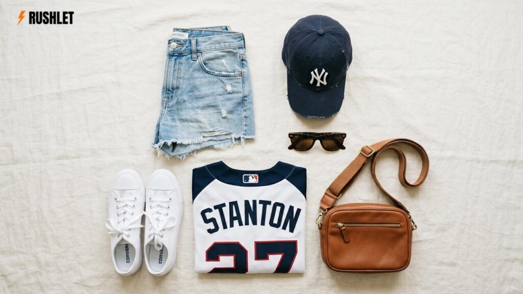 flat lay of baseball game day outfit essentials including sneakers, jersey, denim shorts, cap, and sunglasses
