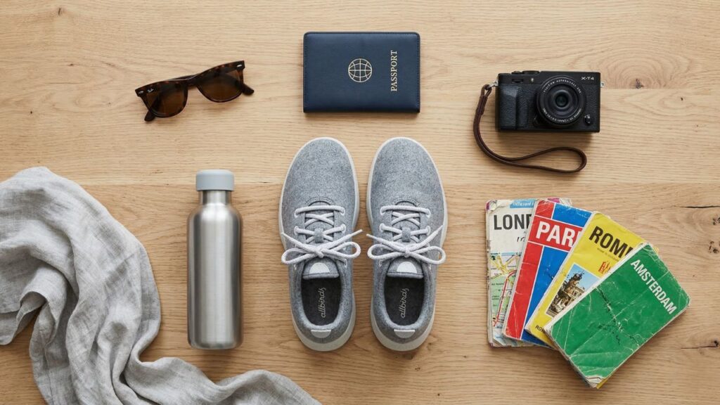Flat lay of grey Allbirds Wool Runners surrounded by travel essentials like a passport, camera, and sunglasses.