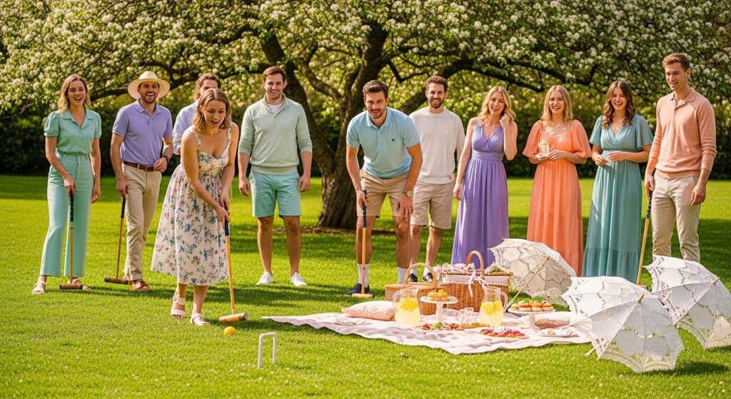 Friends in spring pastel attire playing croquet on a green lawn at a Bridgerton-themed outdoor party.