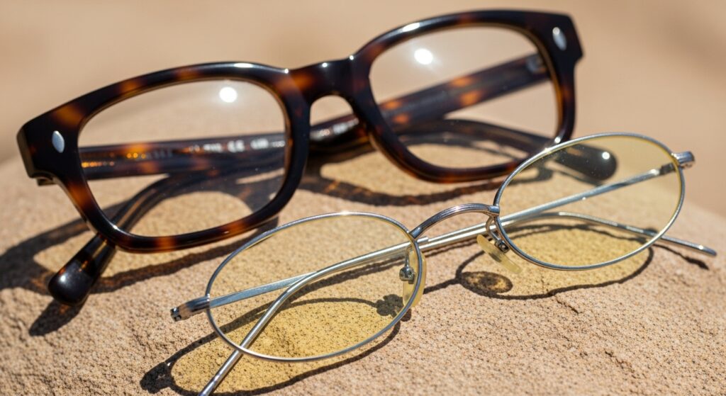 Macro product shot of tortoiseshell acetate and silver wire vintage glasses resting on a desert rock.