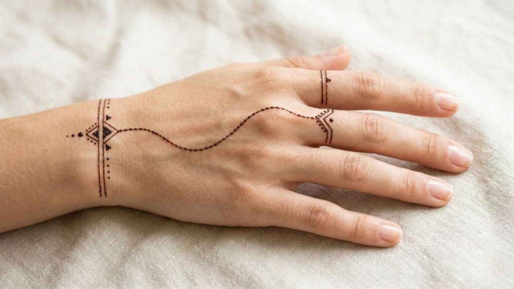 Macro shot of a delicate chain and ring jewelry mehndi design on the back of a hand.