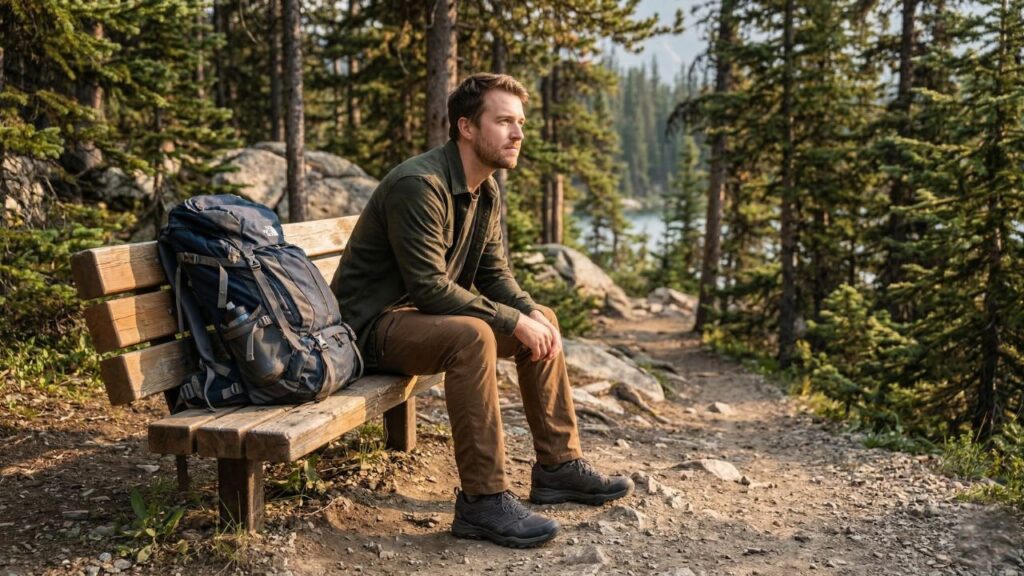 Male traveler wearing waterproof North Face Hedgehog 3 hiking shoes resting near a trail with a backpack.
