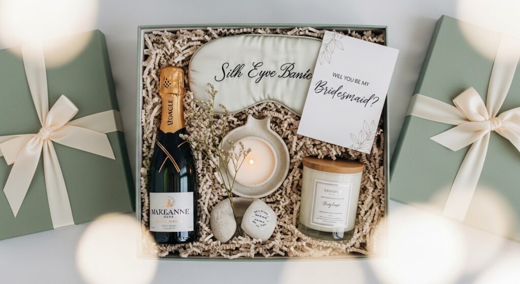Open DIY aesthetic bridesmaid proposal box featuring a small candle, silk scrunchie, and a proposal card.