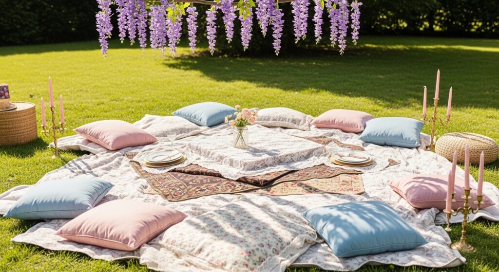 Overhead view of an elegant picnic tablescape featuring vintage floral teacups, a tiered dessert stand, and scattered rose petals on a lace runner.