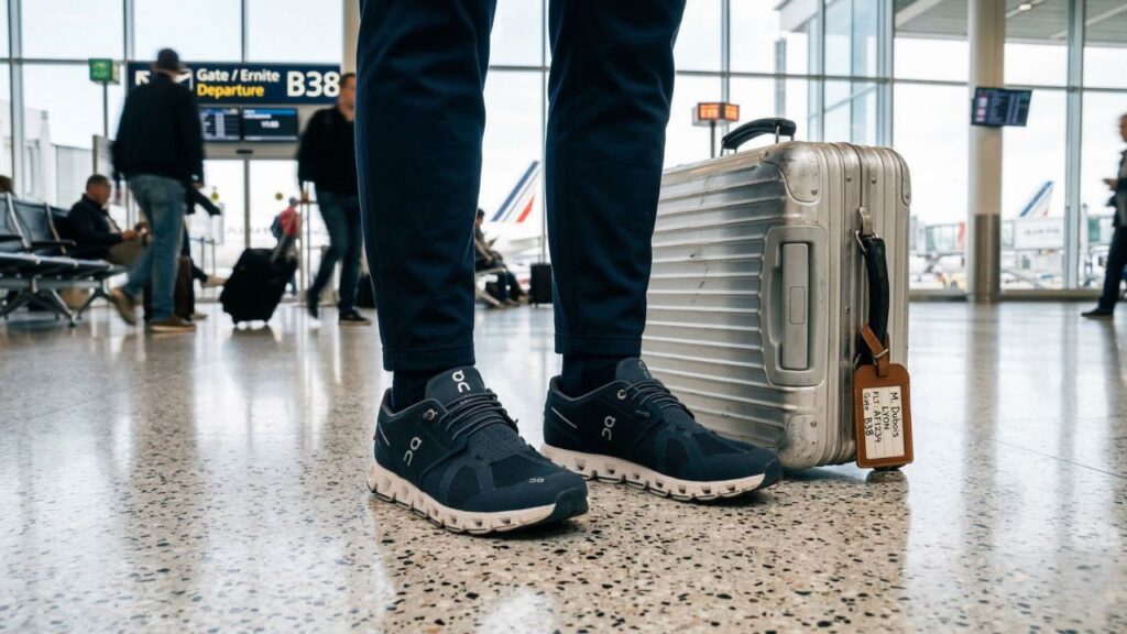 Person wearing On Cloud 6 travel sneakers standing in a modern airport terminal next to a carry-on suitcase.