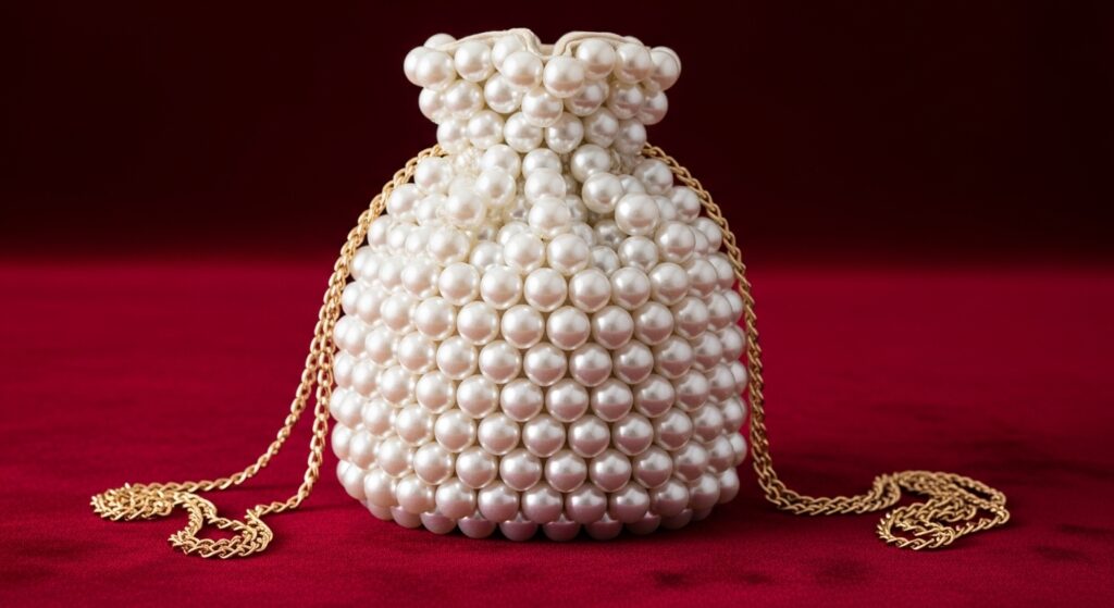 Product shot of a glossy white pearl drawstring pouch bag with a delicate gold chain strap on plush velvet.