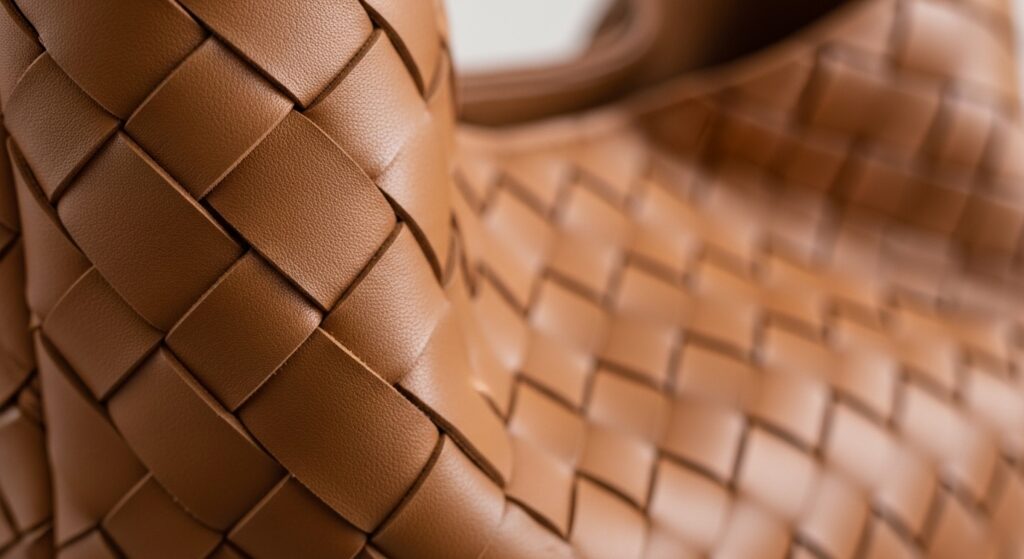Small structured woven leather crossbody bag styled for hands-free vacation exploring.