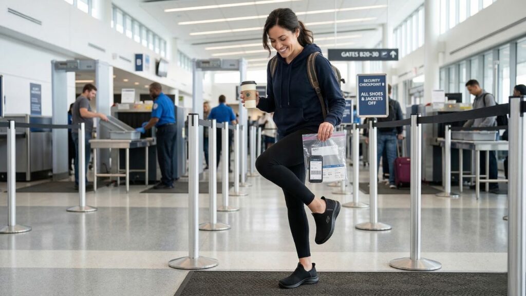 Traveler effortlessly stepping into Skechers Hands-Free Slip-ins at a busy airport security checkpoint.
