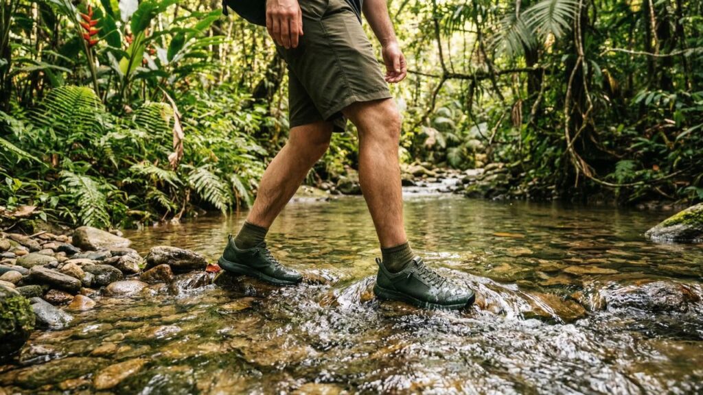 Traveler wading through a clear tropical jungle stream wearing quick-drying Tropicfeel Canyon water shoes.