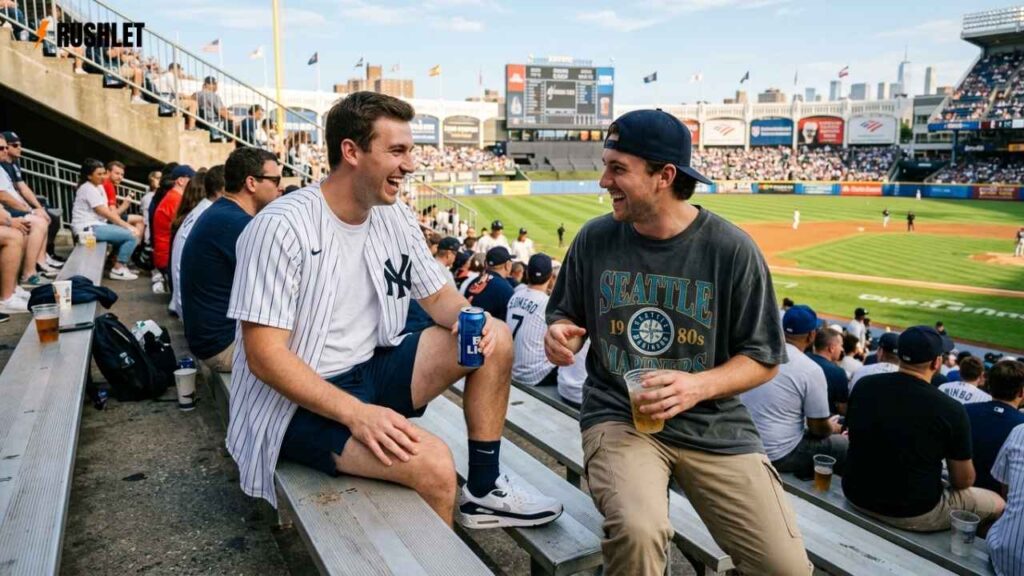two men wearing casual baseball game outfits sitting in stadium bleachers on a sunny day
