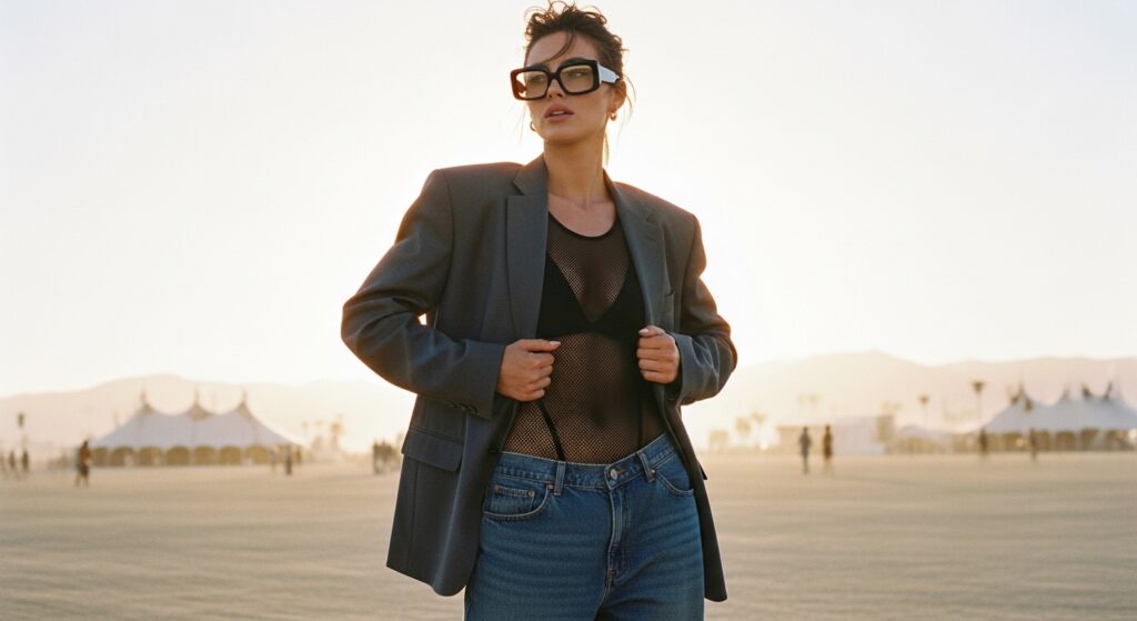 Vertical shot of a festival-goer wearing an oversized blazer, baggy denim, and black rectangular Bayonetta glasses.