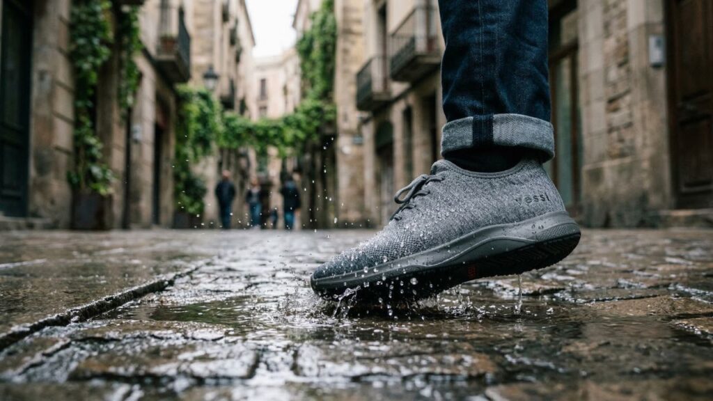 Waterproof Vessi Weekend travel shoes repelling water while stepping into a wet city street puddle.