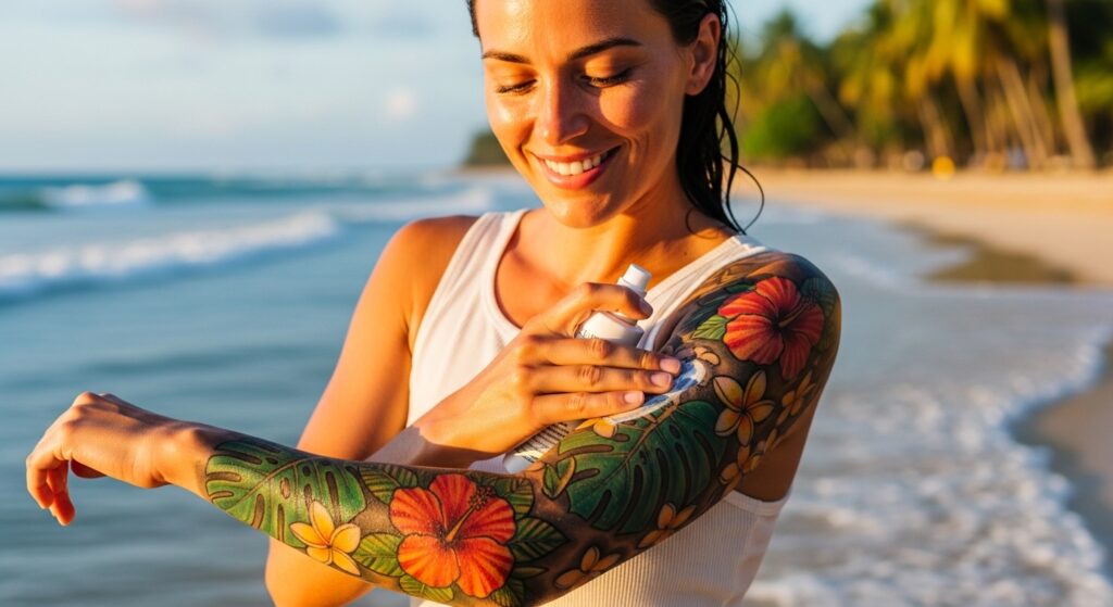 Woman applying sunscreen to protect tattoo at the beach