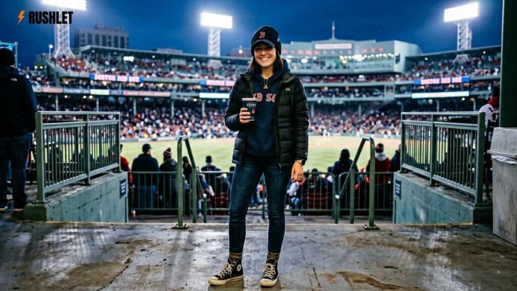 woman in a layered cold weather baseball game outfit wearing a hoodie, puffer jacket, dark jeans, and beanie