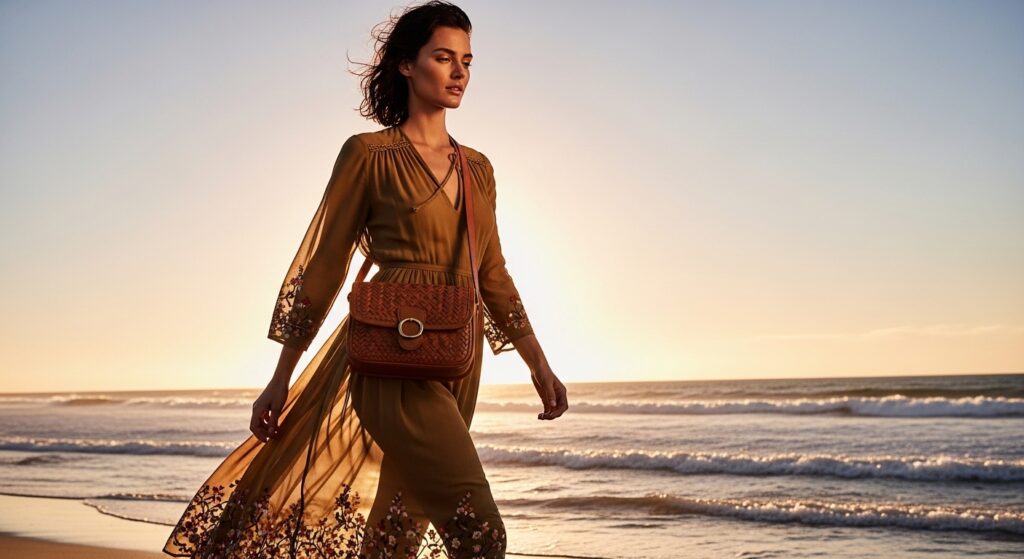 Woman walking on the beach at sunset wearing a maxi dress and carrying a woven leather crossbody bag.