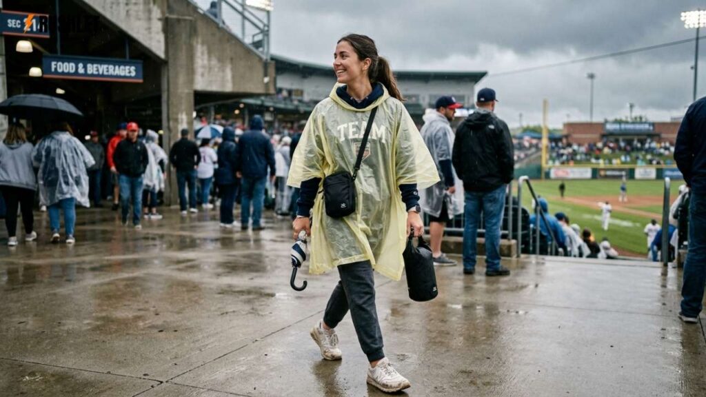 woman wearing a rain poncho over a team hoodie and dark joggers at a baseball stadium on a rainy day