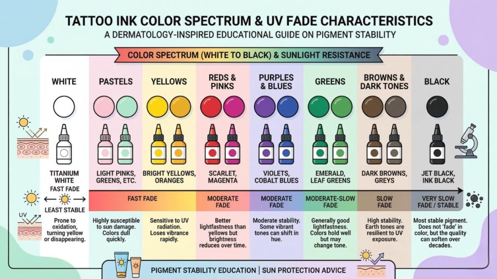 Tattoo ink color fade chart showing which colors fade fastest in the sun