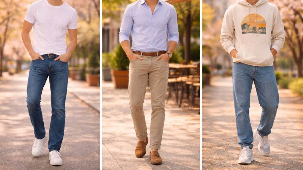 three men in different spring jeans outfits