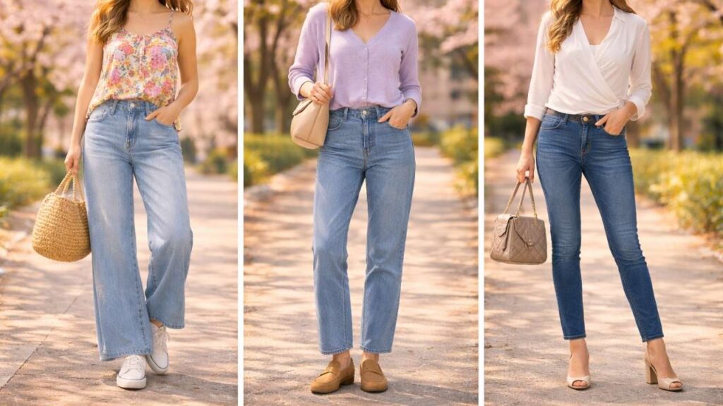 three women in different spring jeans outfits