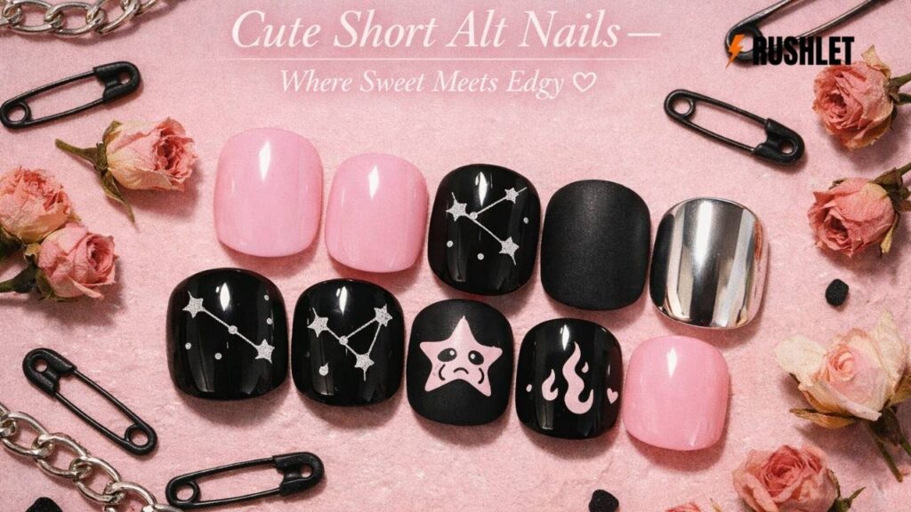 cute short alt nails pink black