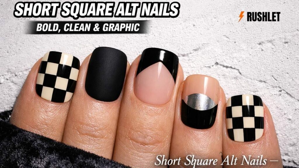 short square alt nails checkerboard