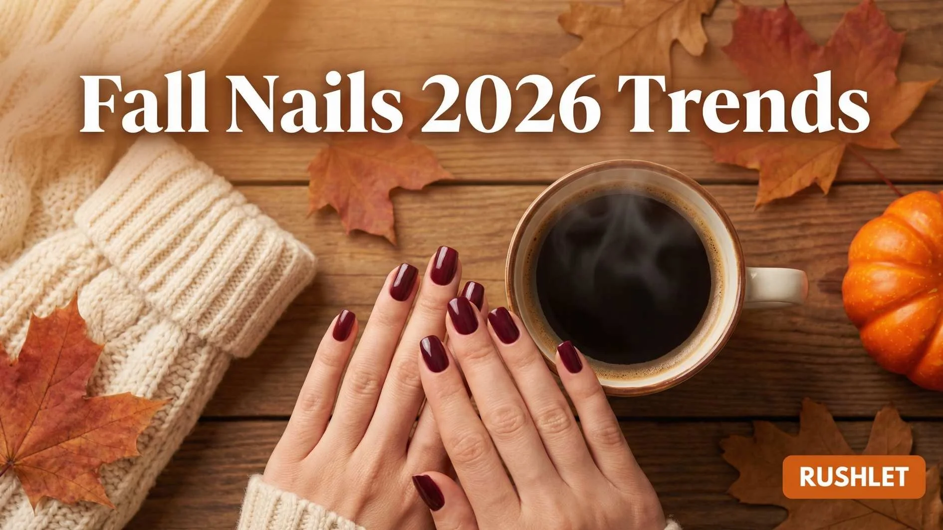 Fall Nails 2026: Trendy Designs, Colors & Ideas You'll Want This Autumn Fall Nails 2026 cozy autumn setting with manicure, coffee and sweater — text overlay: Fall Nails 2026 Trends