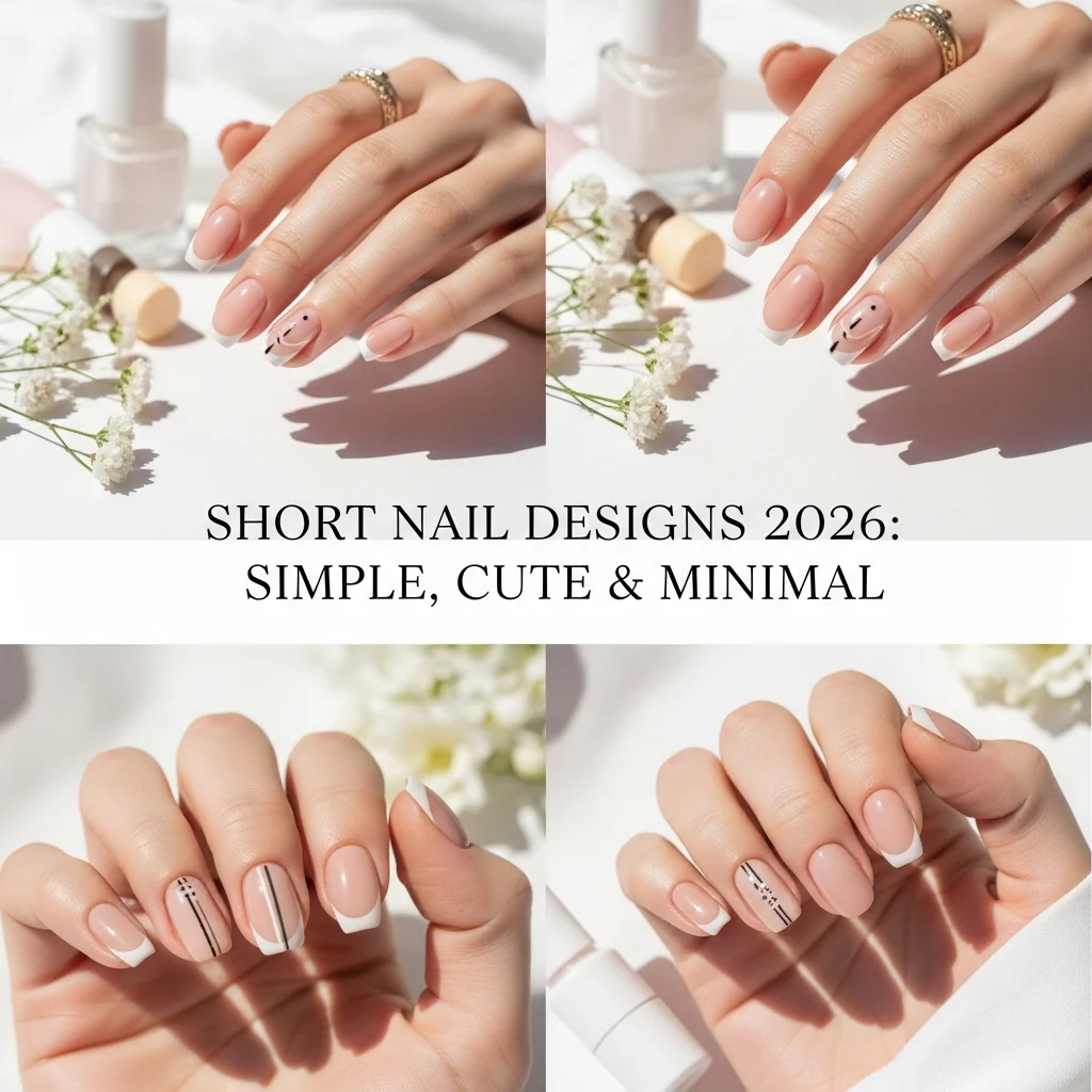 Short Nail Designs 2026: Simple, Cute & Minimal Short, minimal nail designs for 2026 featuring neutral and pastel colors, micro French tips, and clean-girl aesthetic short nails displayed in a modern, elegant flat-lay style.
