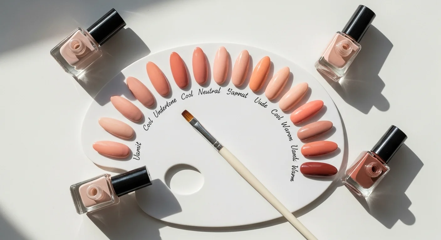Nude nail polish swatches arranged from milky pink to beige, caramel, and mocha