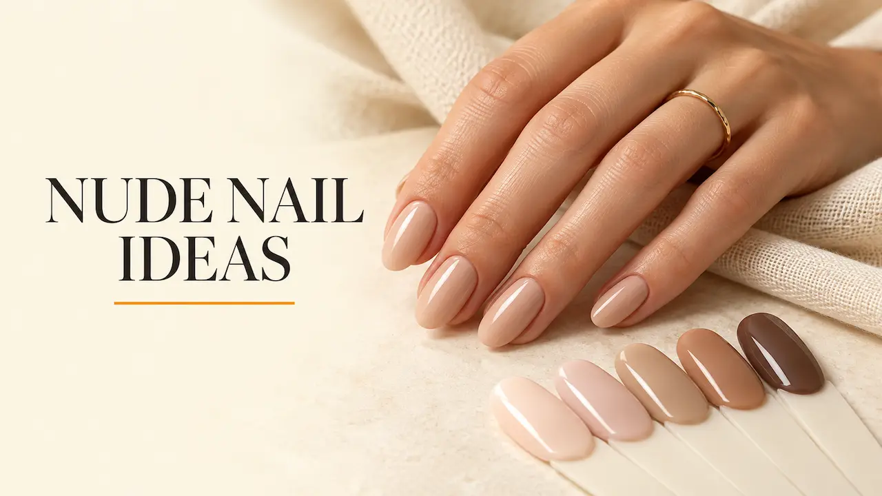 Nude nail design ideas featuring glossy beige almond nails and polish swatches from milky pink to deep mocha.